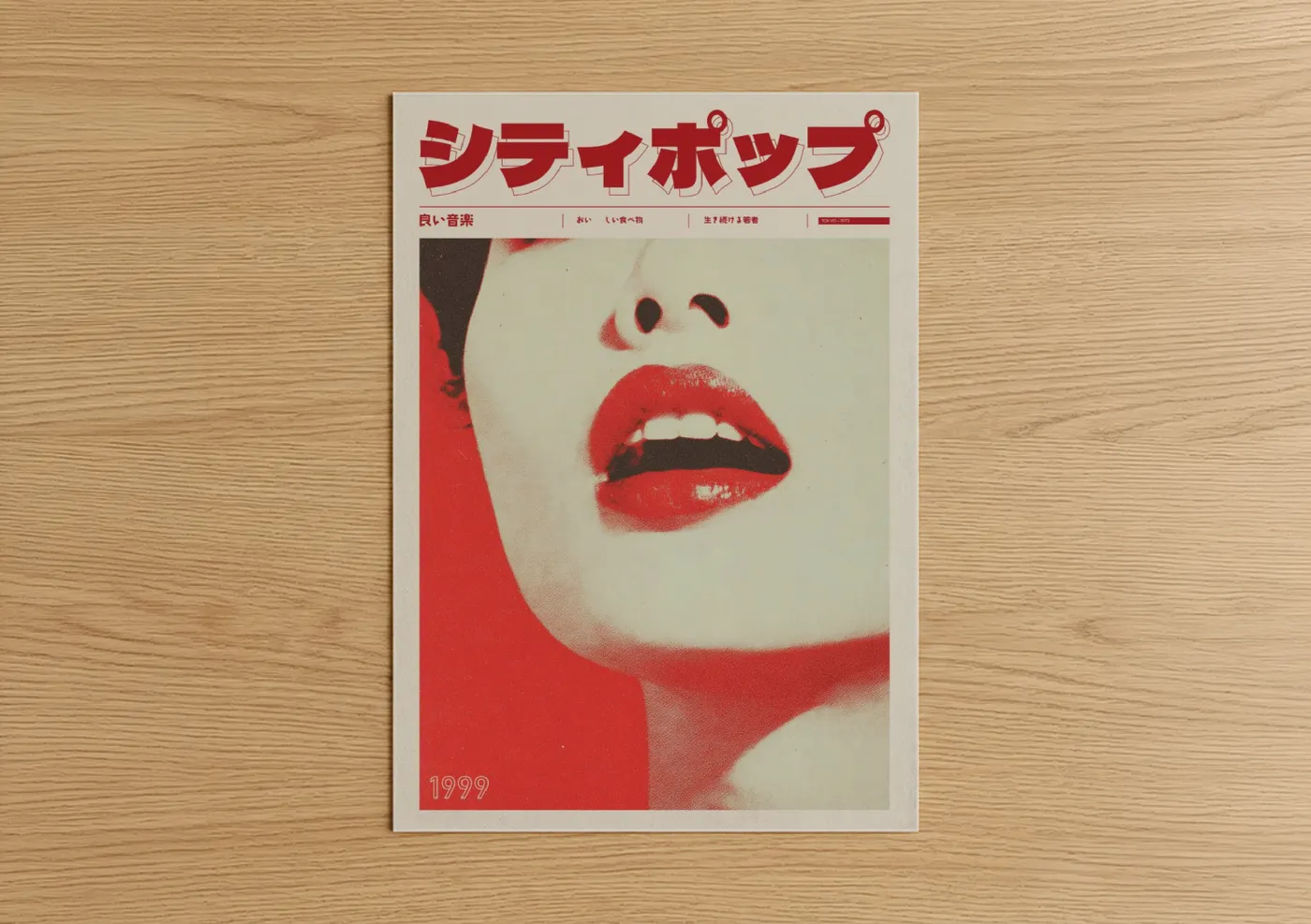 Japanese y2k art print on warm oak wood — red and cream palette — Crimson Beauty Y2K poster