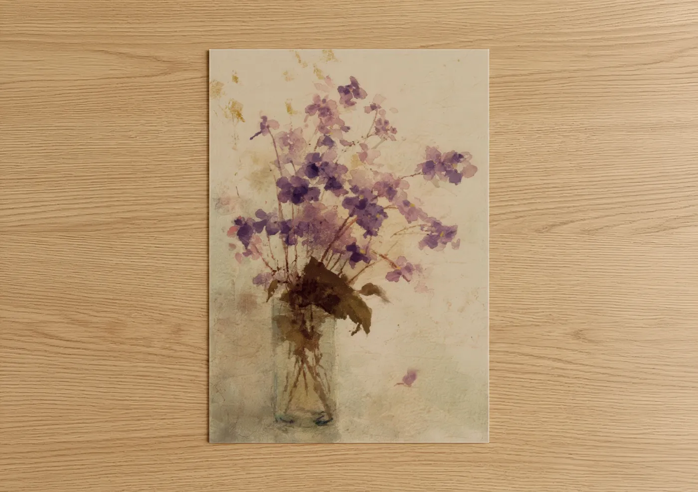 Purple Violets in Glass Vase Watercolor Wall Art