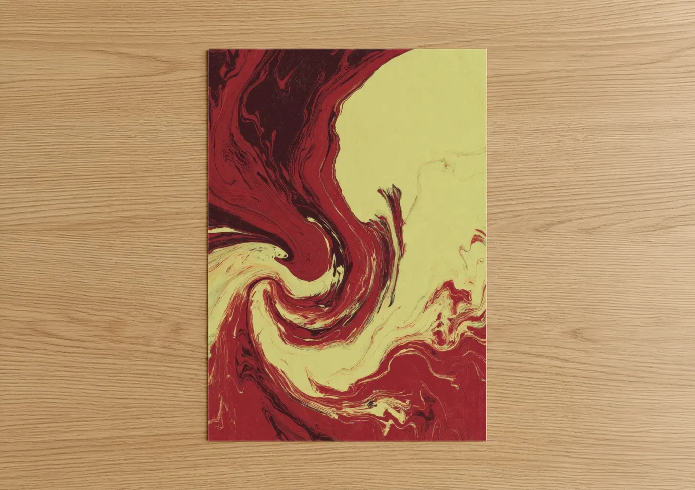 Art print on warm oak wood — red and yellow palette — Crimson Swirl Sweet poster