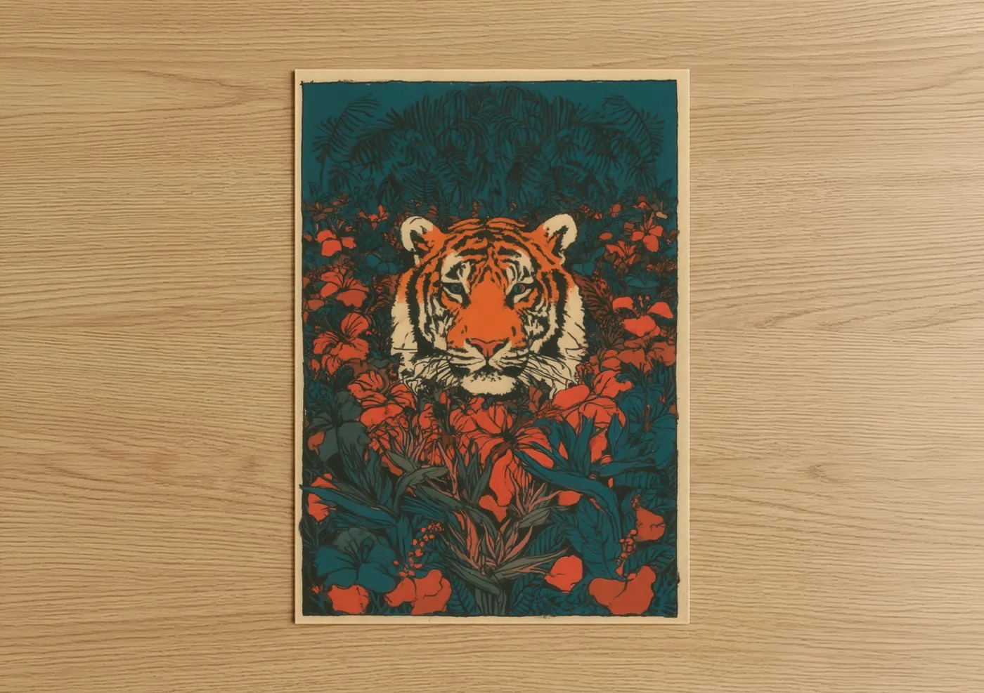 Art print on warm oak wood — orange and teal palette — Floral Tiger Portrait poster