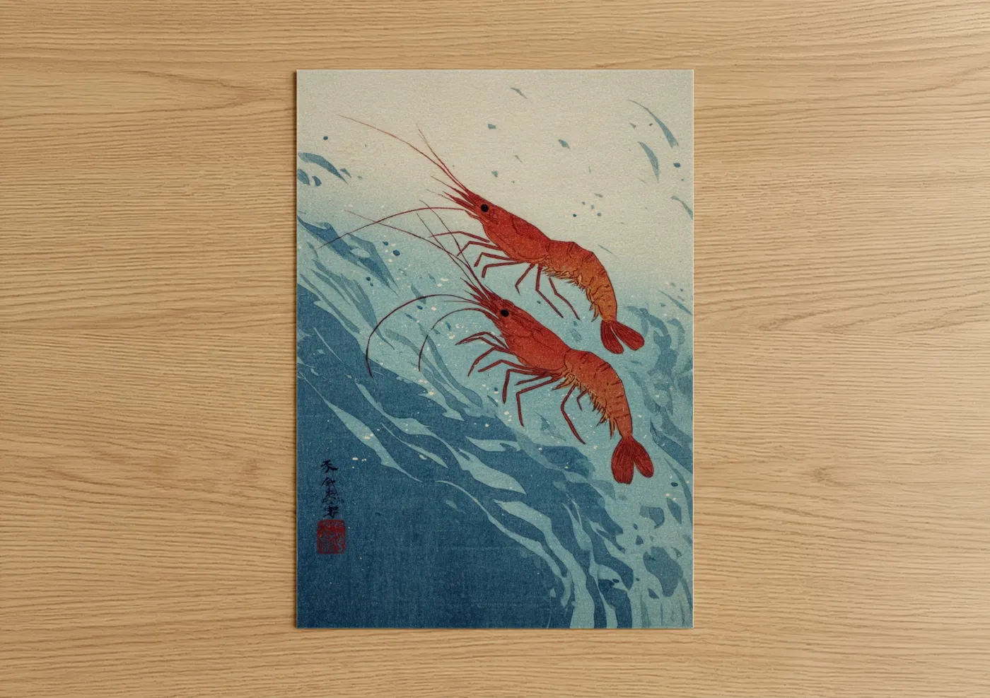 Art print on warm oak wood — blue and red palette — Crimson Shrimp Pair poster