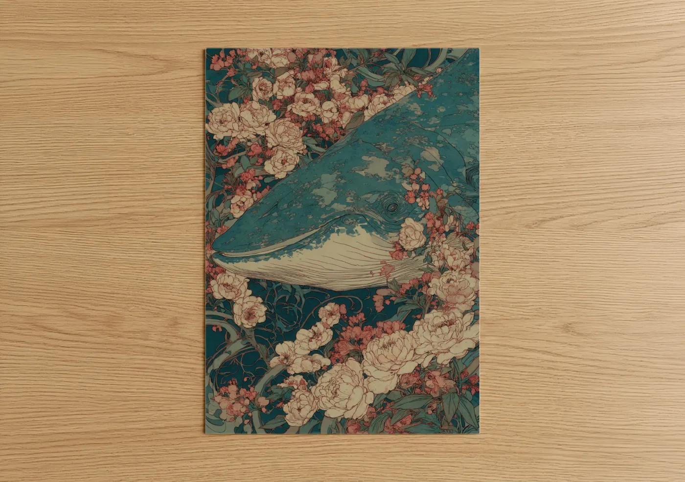 Whale Shark Floral Art Vintage Design Wall Art