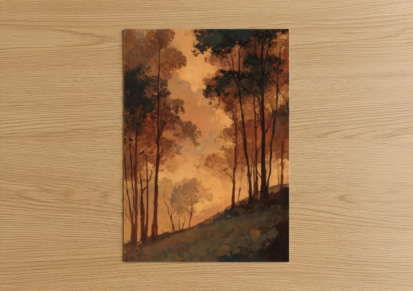 Art print on warm oak wood — gold and orange palette — Golden Eucalyptus Forest poster