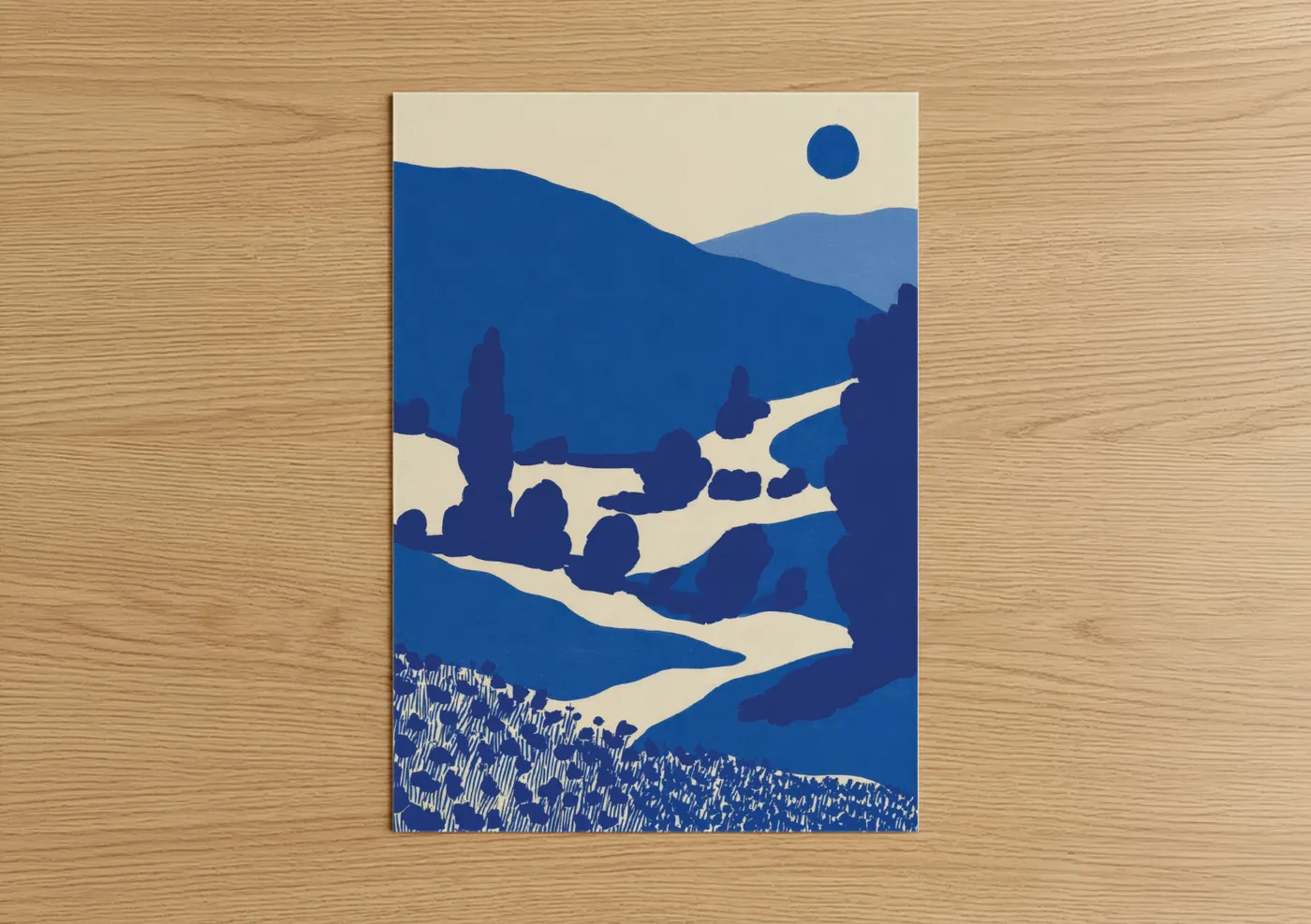 Various landscapes art print on warm oak wood — blue and cream palette — Blue Valley Landscape poster
