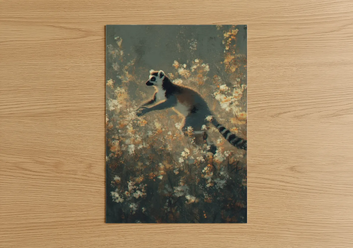 Art print on warm oak wood — gold and sage green palette — Leaping Lemur poster