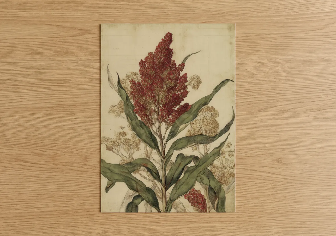 Art print on warm oak wood — maroon and sage green palette — Crimson Cannabis Botanical poster