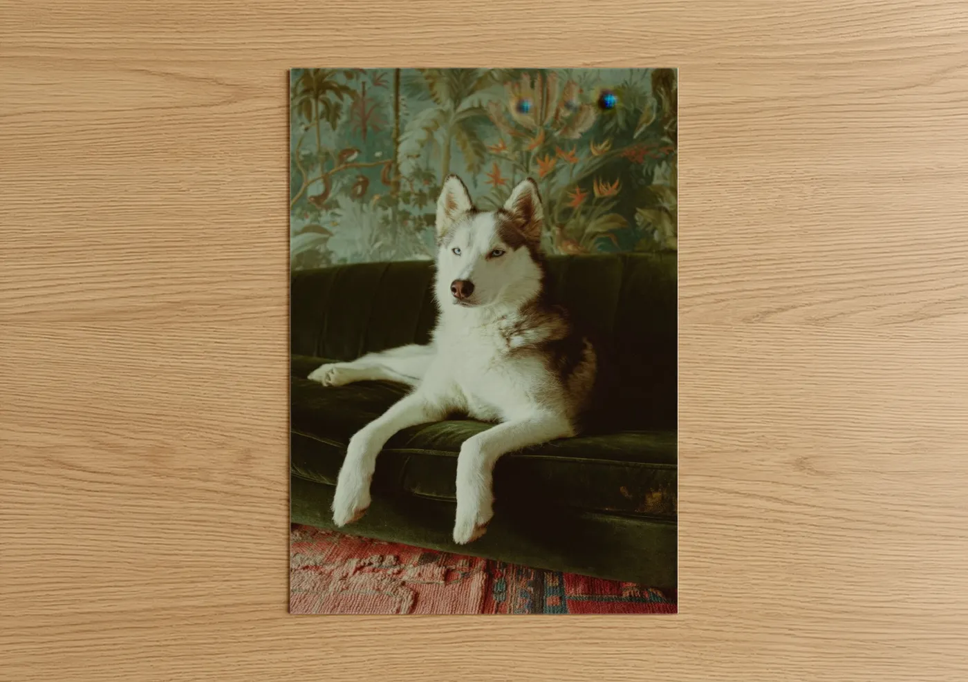 Art print on warm oak wood — white and brown palette — Lounging Husky poster