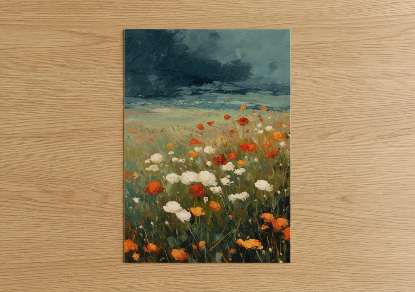 Art print on warm oak wood — orange and blue and white palette — Stormy Ranunculus poster