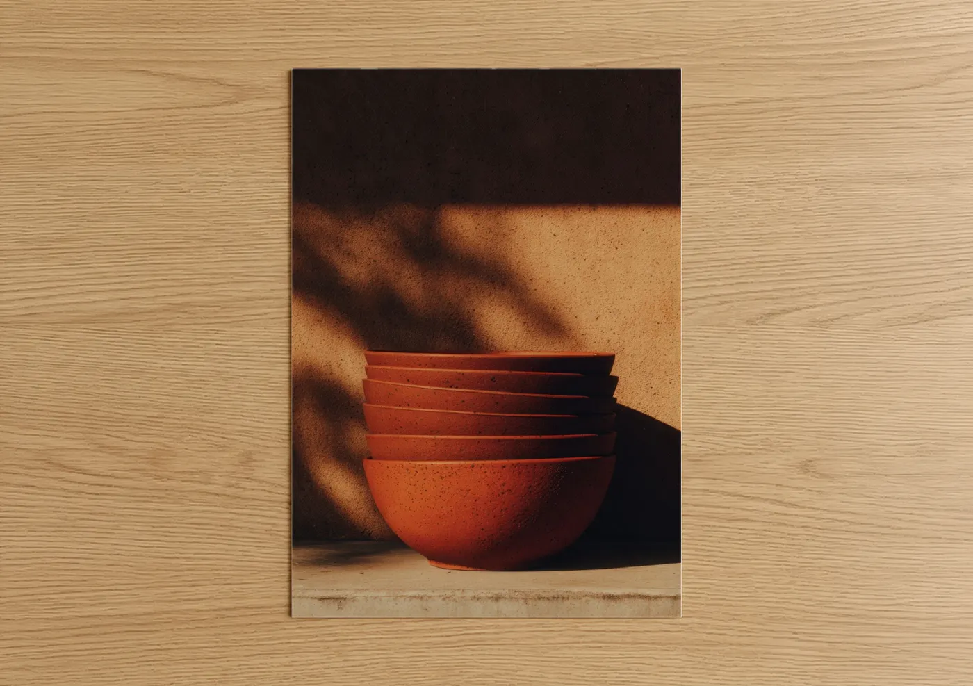 Kitchen utensils art print on warm oak wood — russet and orange palette — Rustic Clay Bowls poster
