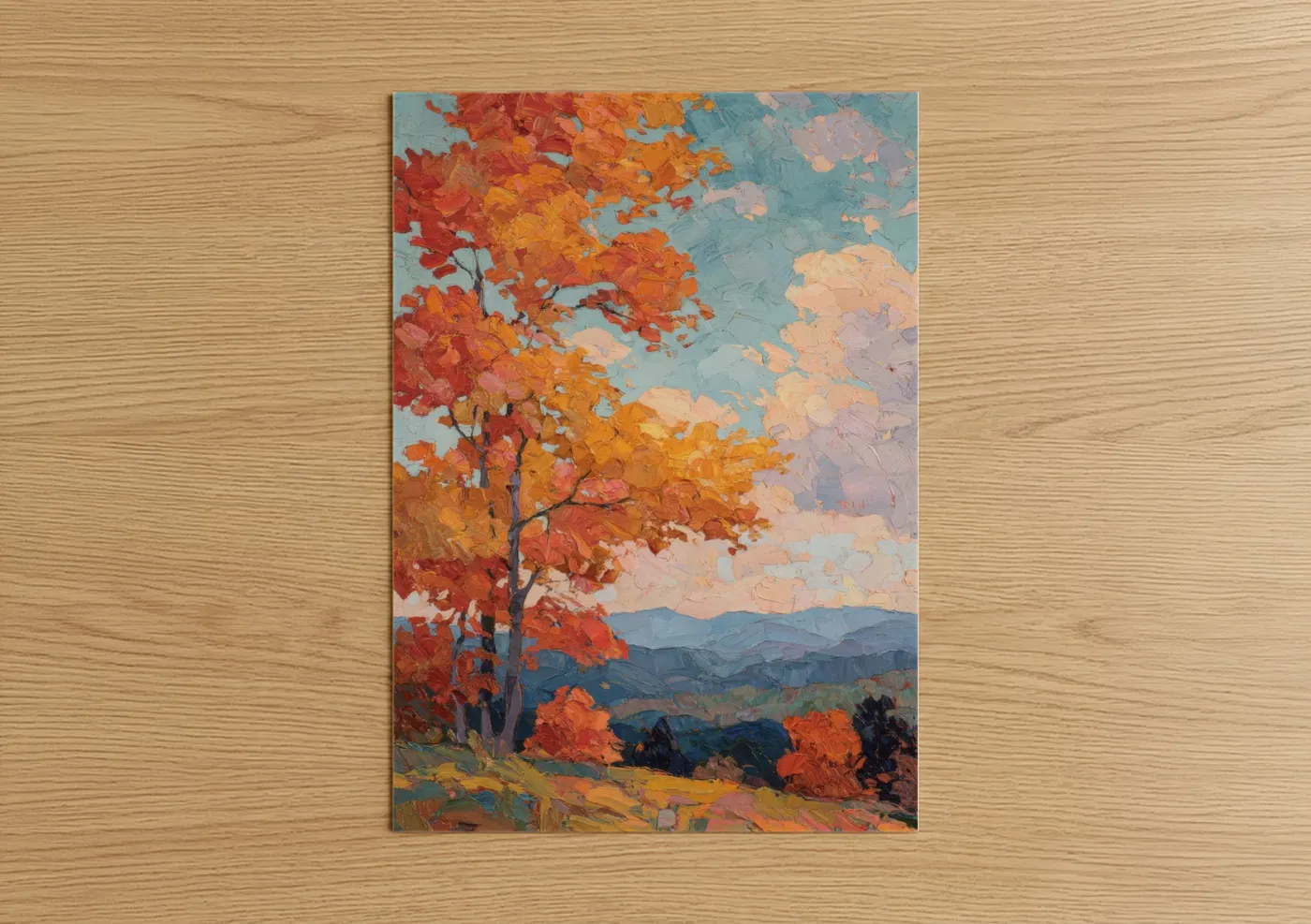 Blue ridge mountains art print on warm oak wood — orange and blue palette — Autumn Blue Ridge poster
