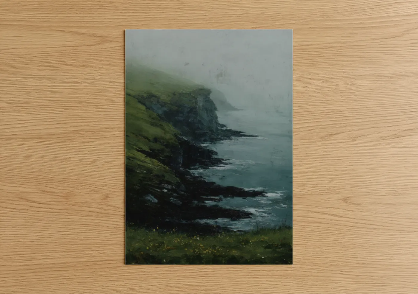 Misty Coastal Cliff Seascape Painting Wall Art