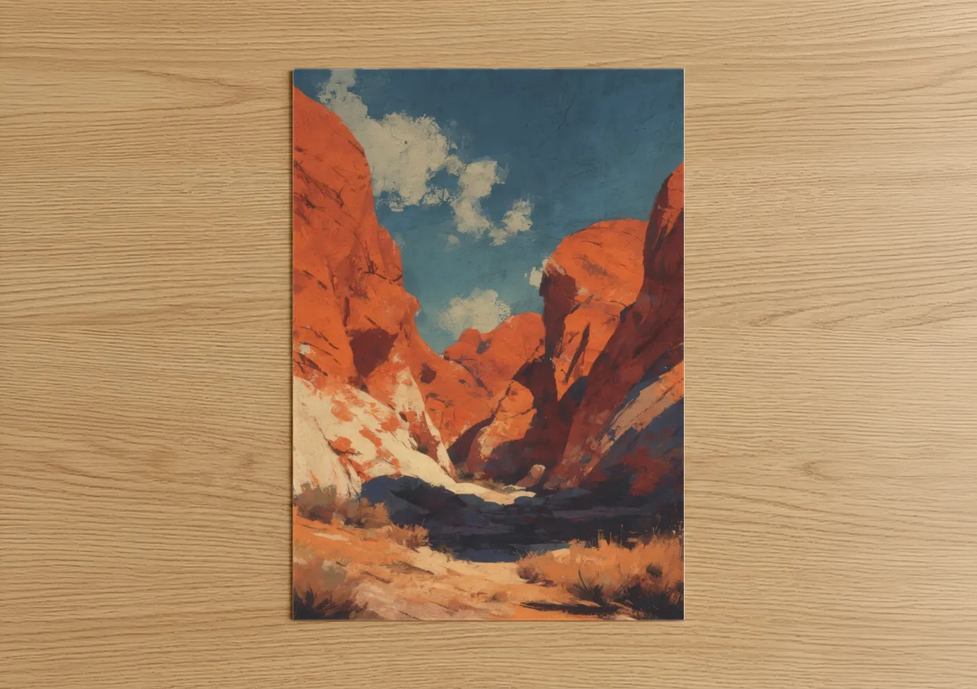 Art print on warm oak wood — orange and blue palette — Crimson Canyon poster