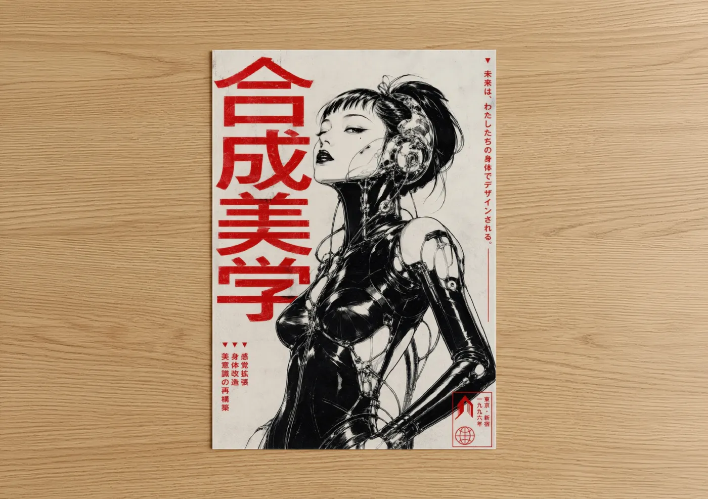 Art print on warm oak wood — black and white and red palette — Cyberpunk Geisha Fashion Illustration Wall Art poster