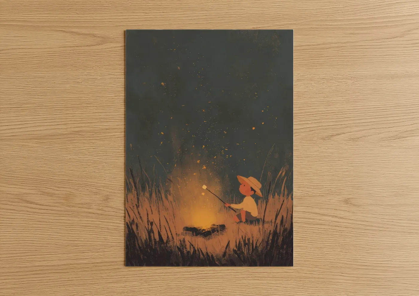 Camping art print on warm oak wood — gold and gray palette — Campfire Wonder poster