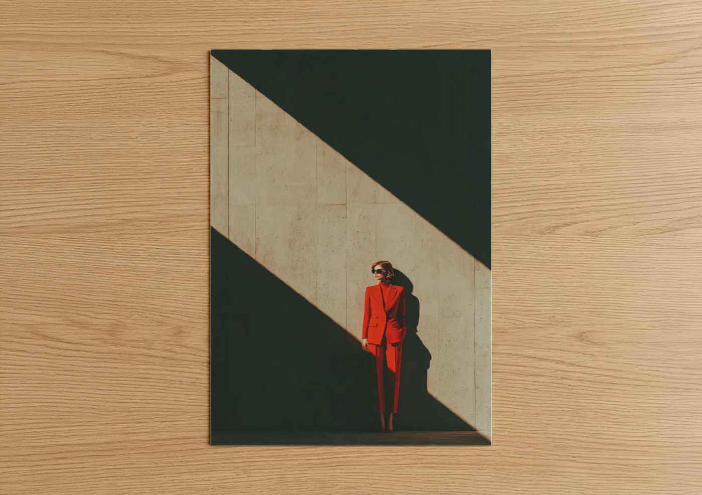 Fashion photography art print on warm oak wood — red and dark green palette — Red Suit Confidence poster