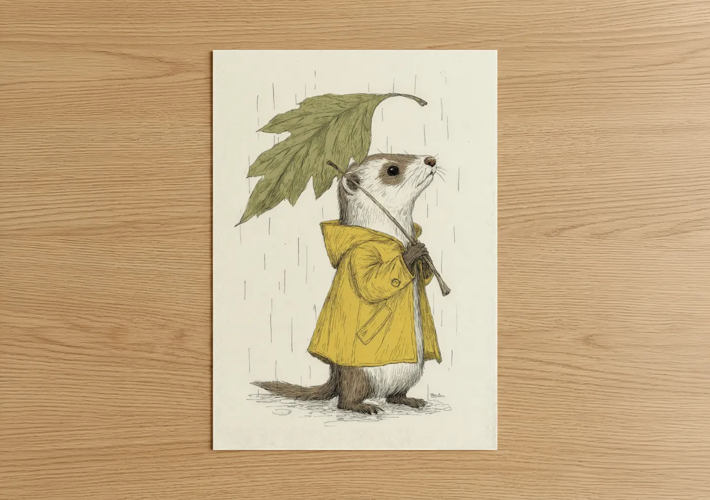 Whimsical Weasel in Yellow Raincoat Wall Art