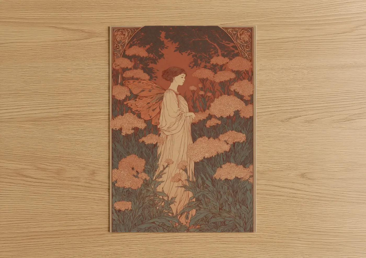 Fairytale art print on warm oak wood — russet and nobel palette — Fairy Garden Maiden poster