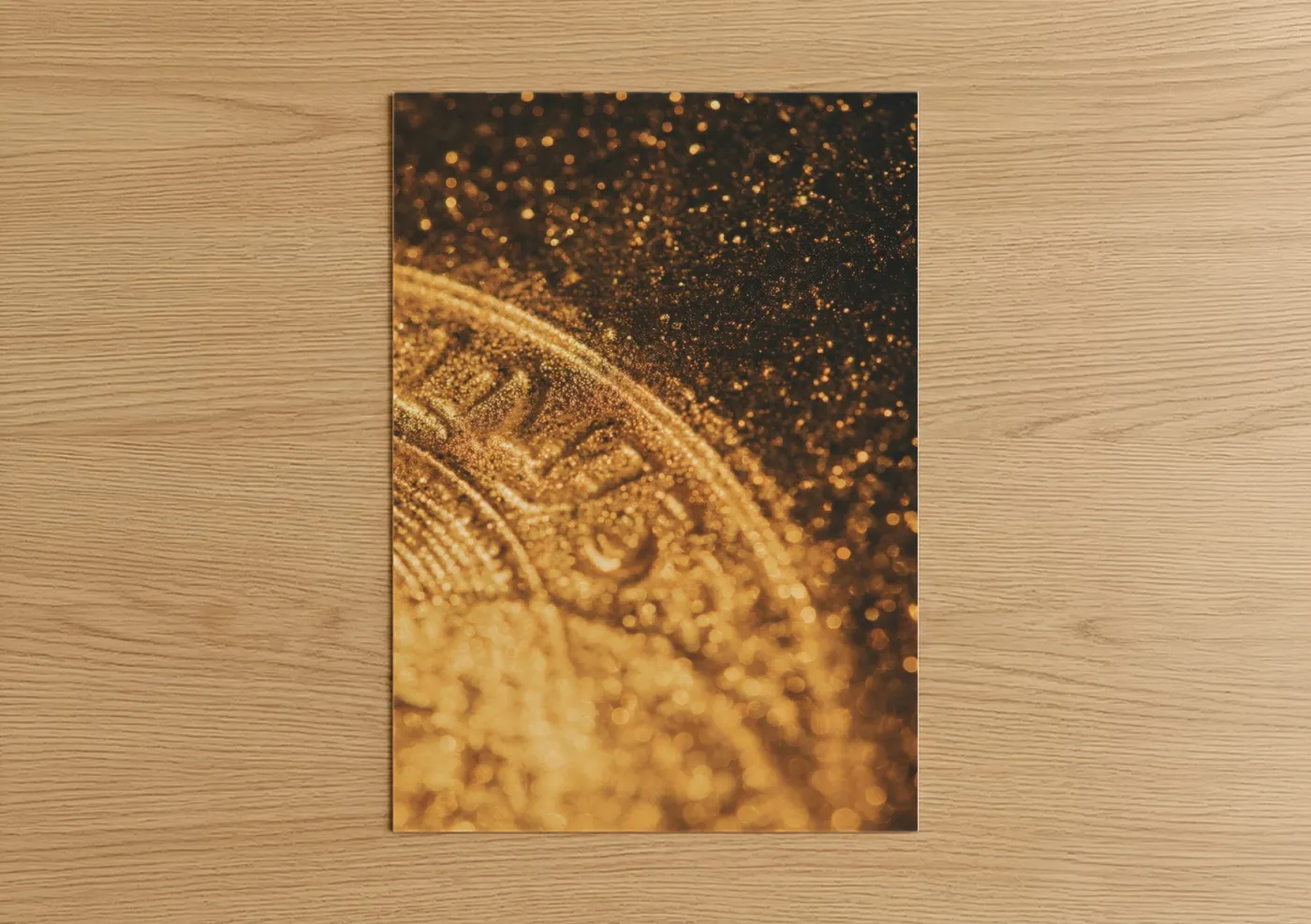 Money art print on warm oak wood — gold and black palette — Golden Wealth poster