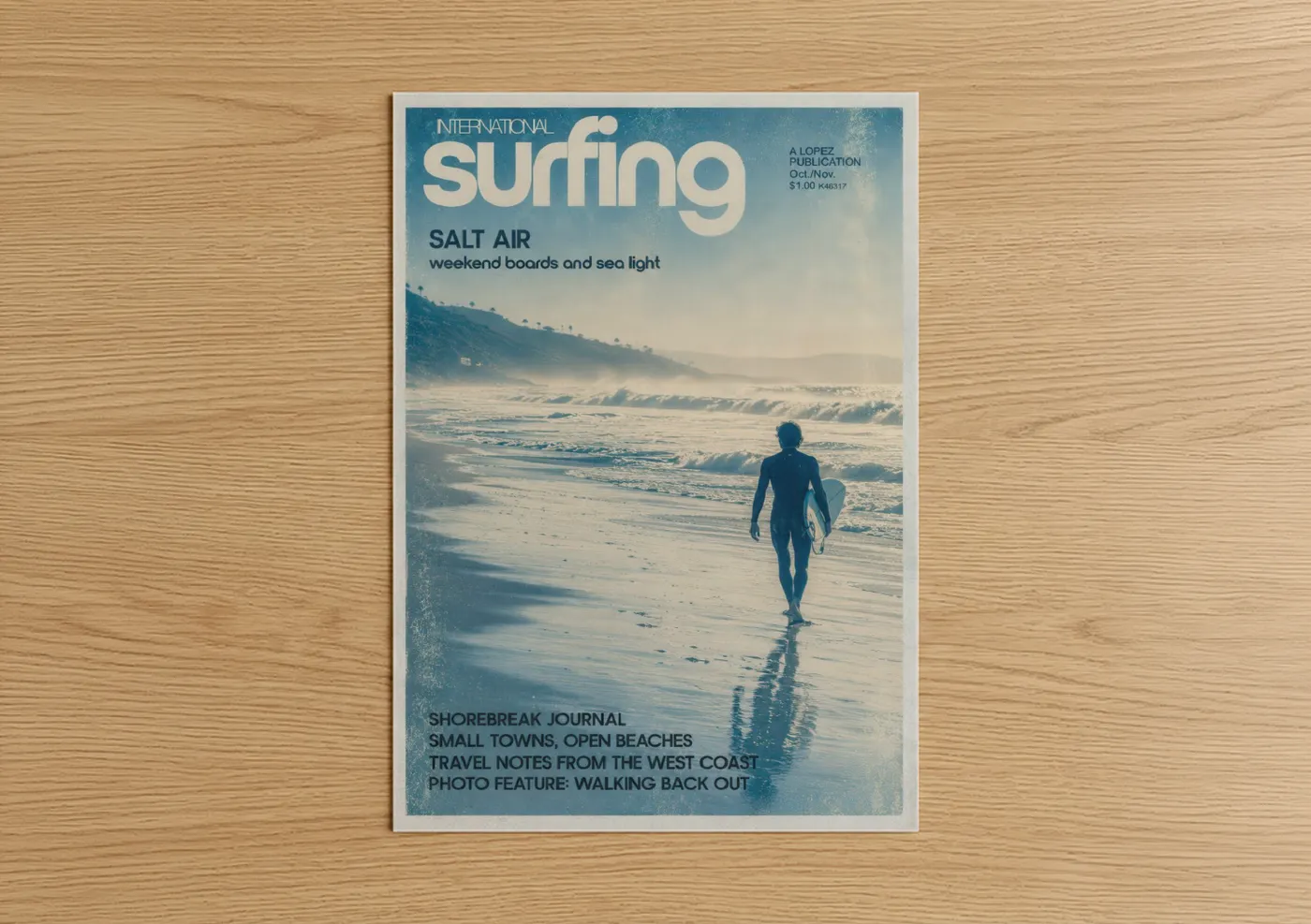 Art print on warm oak wood — blue and beige palette — Vintage Surfing Magazine Wall Art poster