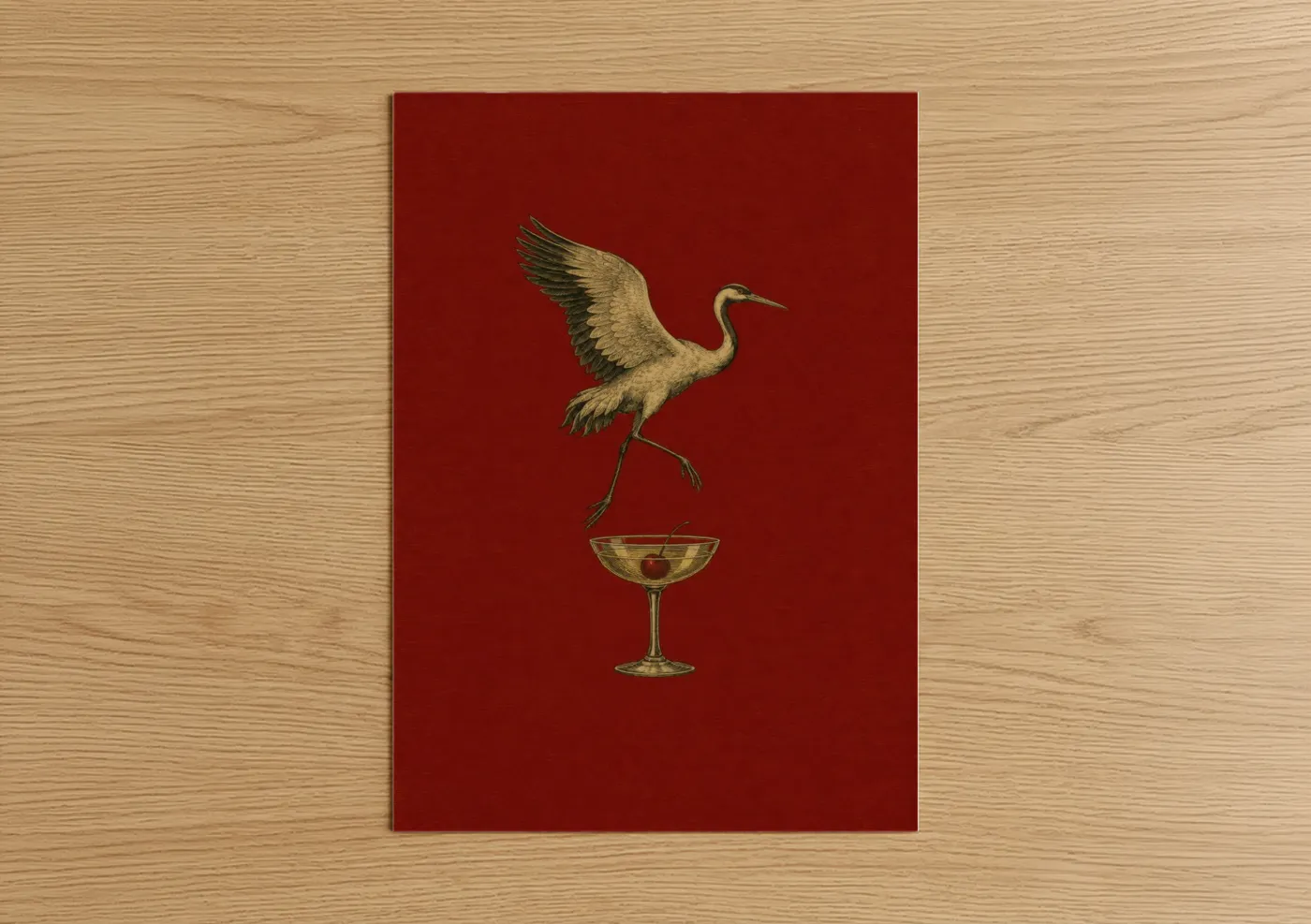 Art print on warm oak wood — red and gold palette — Golden Crane Cocktail Surrealism Wall Art poster