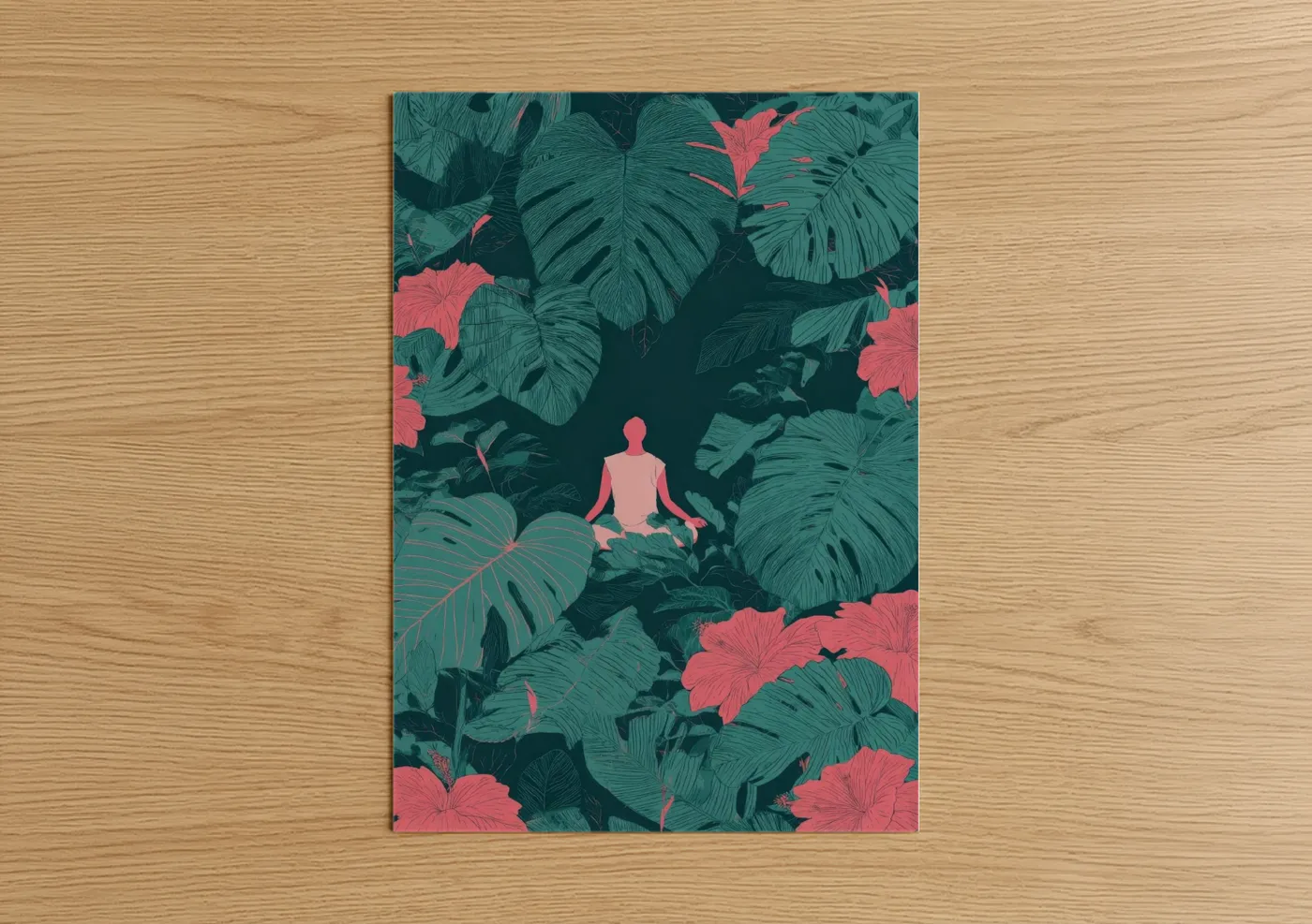 Fitness yoga art print on warm oak wood — teal and salmon pink palette — Zen Garden Yoga poster