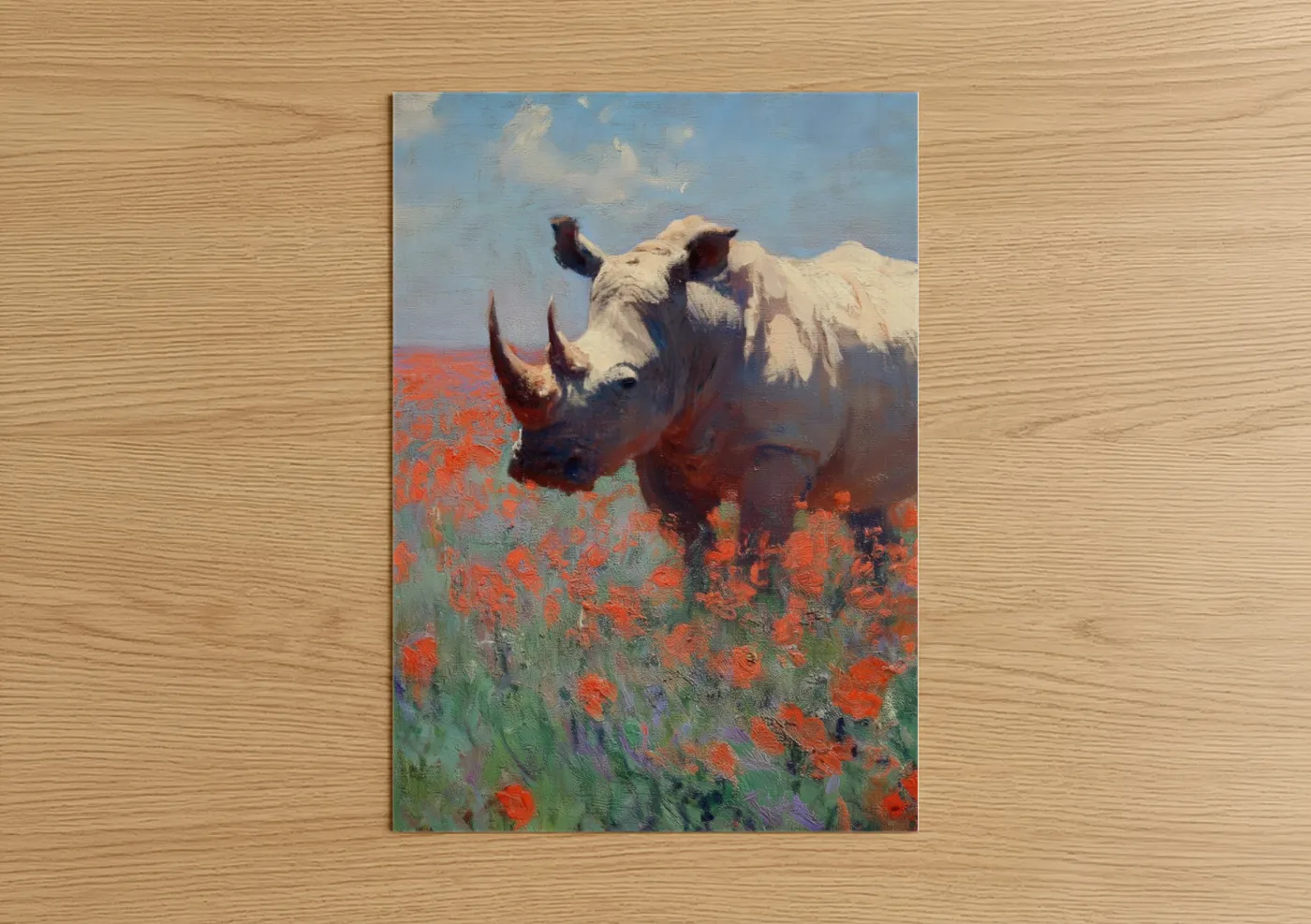 Rhino in Red Poppy Field Painting Wall Art