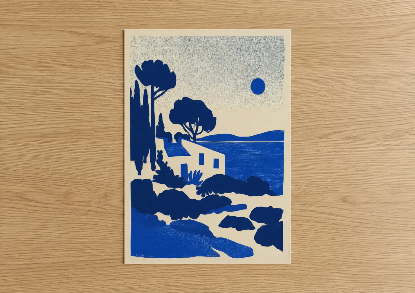Rural landscapes art print on warm oak wood — blue and cream palette — Coastal Cottage Landscape poster
