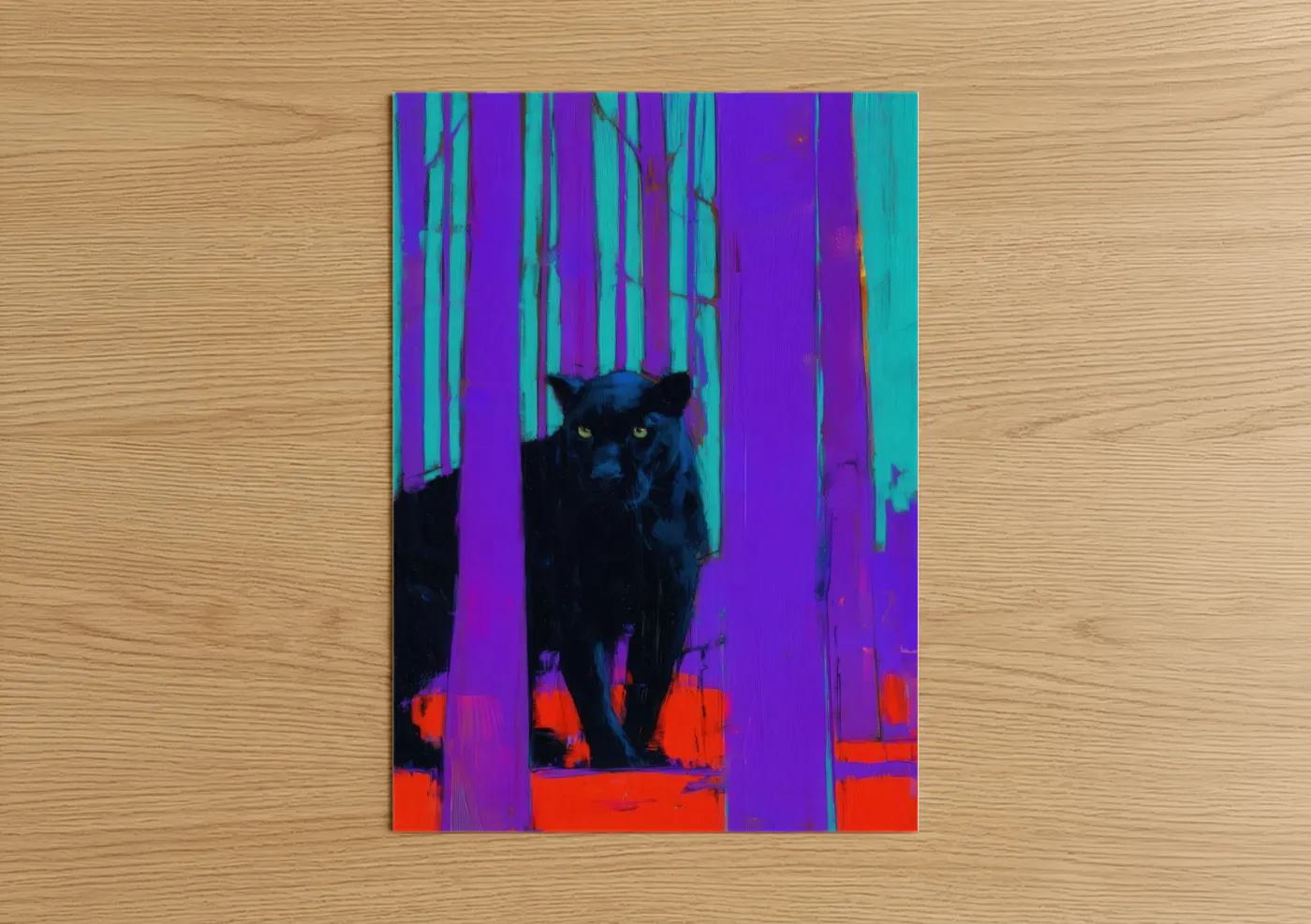 Art print on warm oak wood — purple and turquoise palette — Neon Panther poster