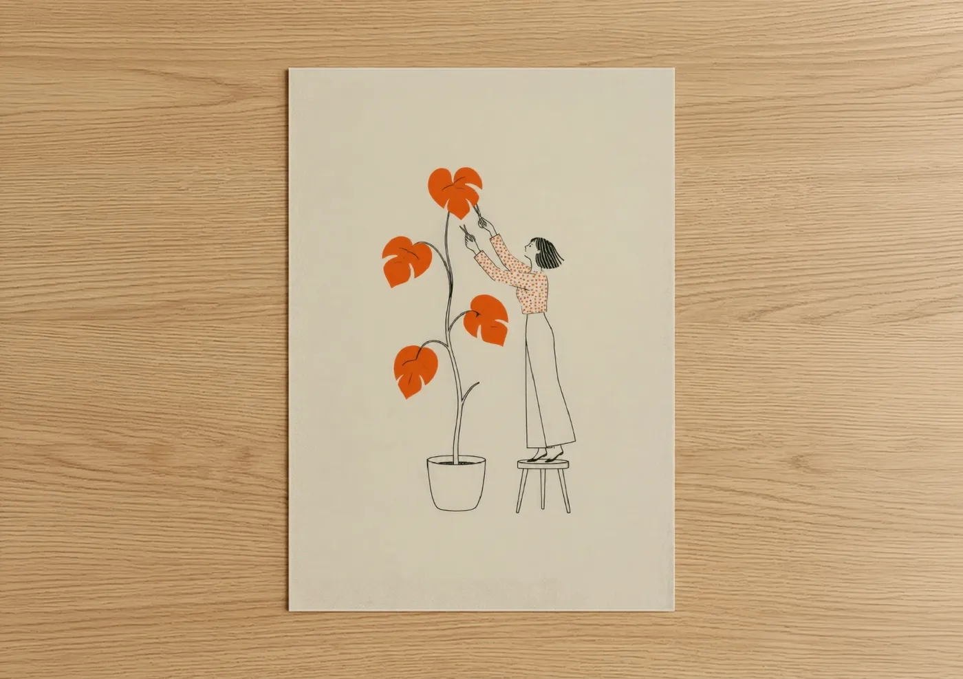 Art print on warm oak wood — orange and beige palette — Woman Tending Monstera Plant Wall Art poster
