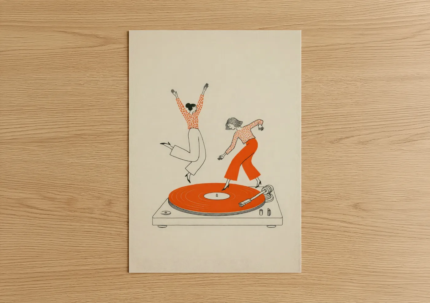 Dance art print on warm oak wood — orange and beige palette — Retro Dancing Figures Turntable Wall Art poster