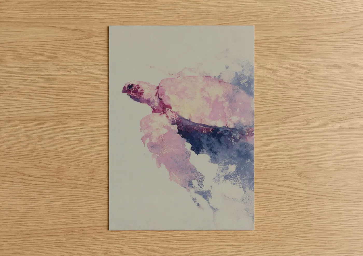 Art print on warm oak wood — lavender and blue palette — Watercolor Turtle poster