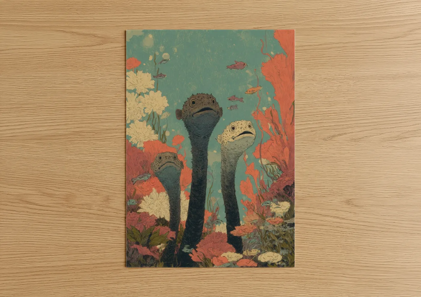 Art print on warm oak wood — teal and salmon pink palette — Coral Garden Eels poster