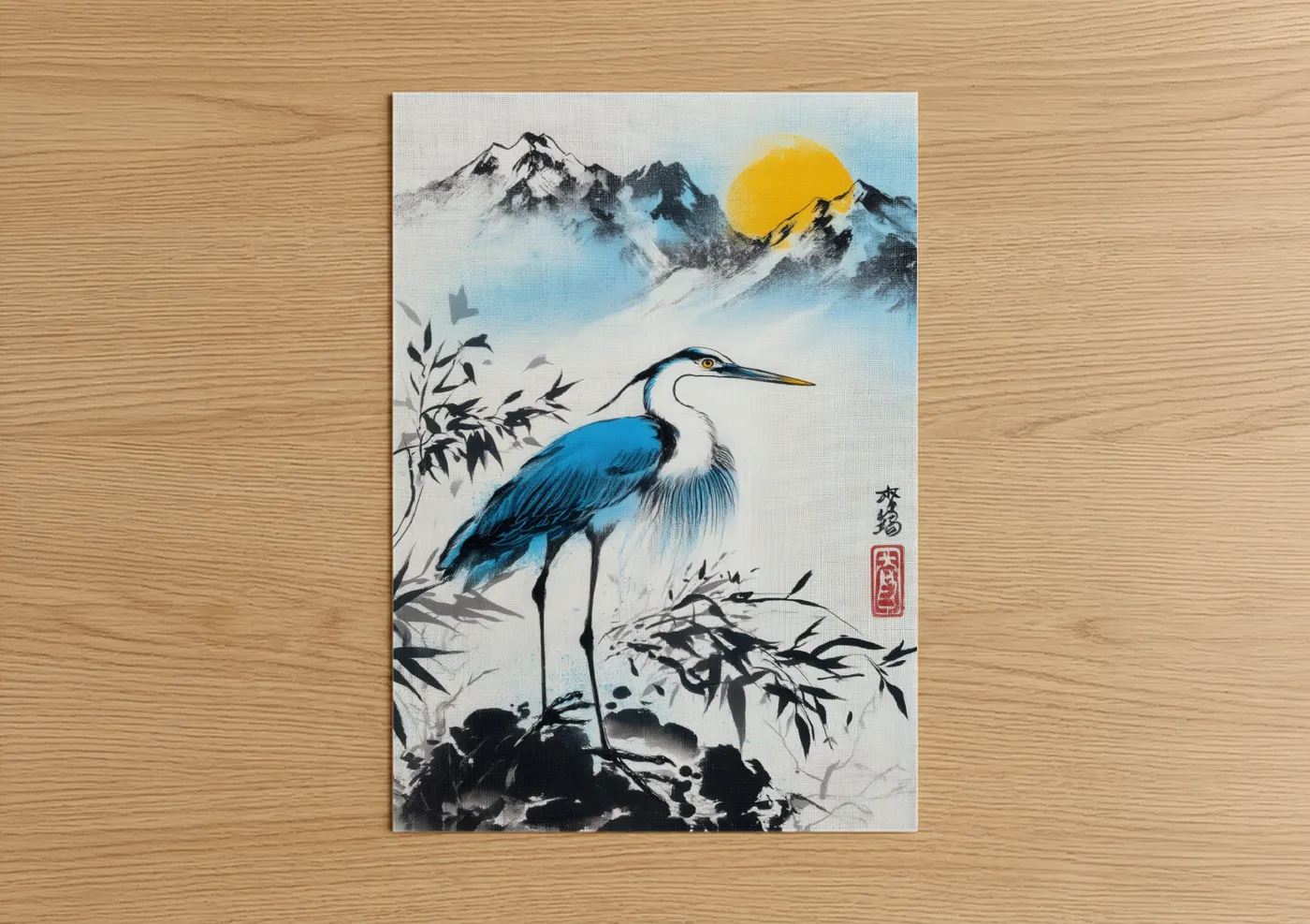 Art print on warm oak wood — blue and gold palette — Mountain Heron poster