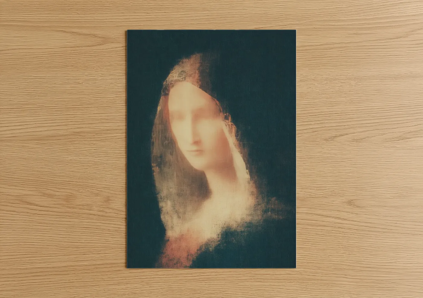 Art print on warm oak wood — teal and gold palette — Serene Virgin Mary poster