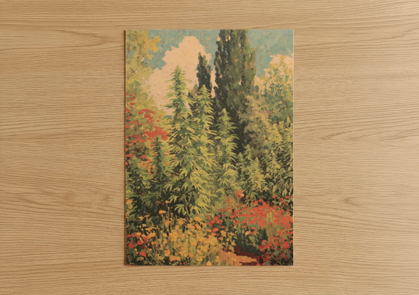 Art print on warm oak wood — green and gold palette — Botanical Cannabis Garden poster