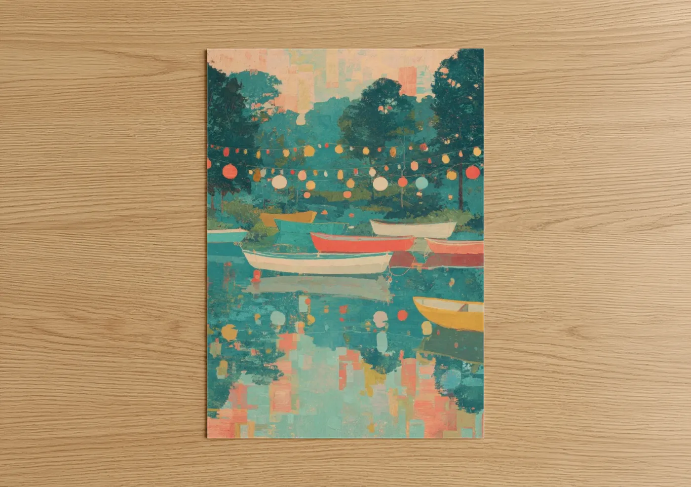 Festive Lantern Lake Boats Art Print Wall Art