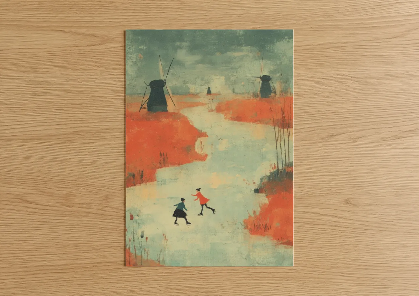 Ice skating art print on warm oak wood — cream and pumpkin palette — Windmill Skaters poster