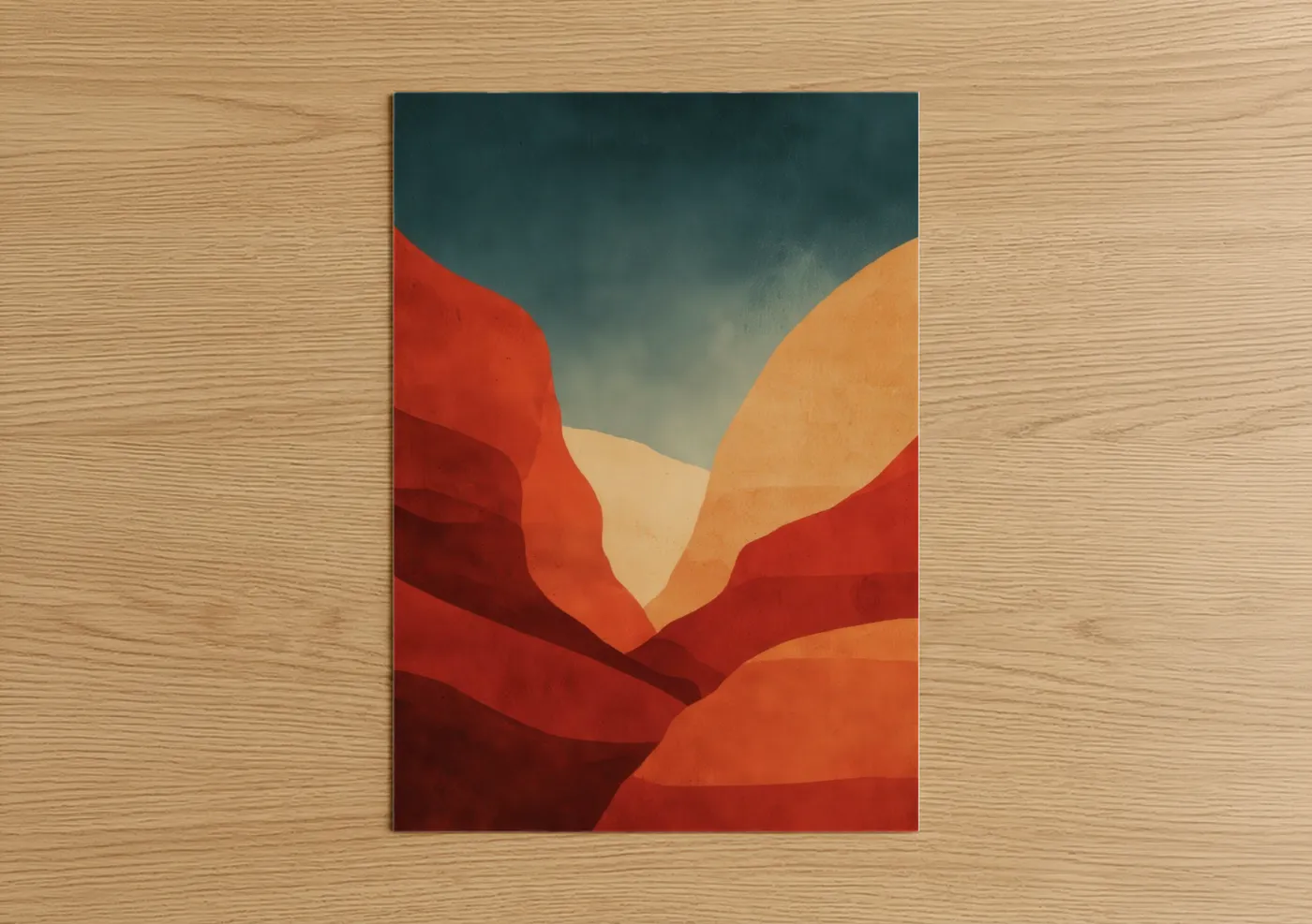Art print on warm oak wood — red and orange palette — Crimson Canyon poster