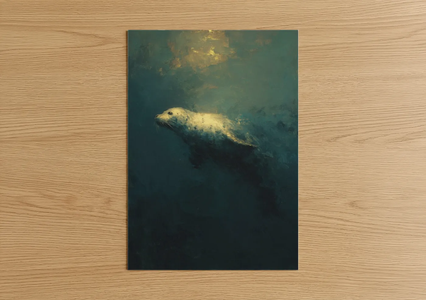 Art print on warm oak wood — teal and gold palette — Ethereal Seal poster