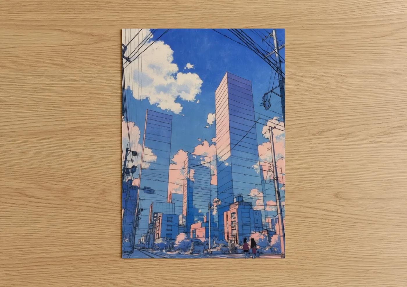 Abstract architecture art print on warm oak wood — blue and peach palette — Urban Skyline Dream poster