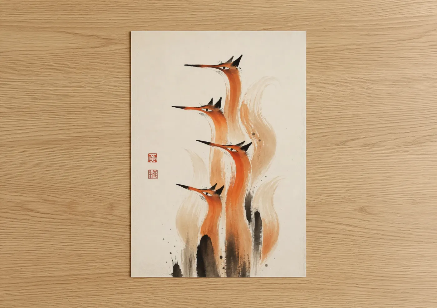 Art print on warm oak wood — peach and cream palette — Japanese Crane Brushstroke Wall Art poster