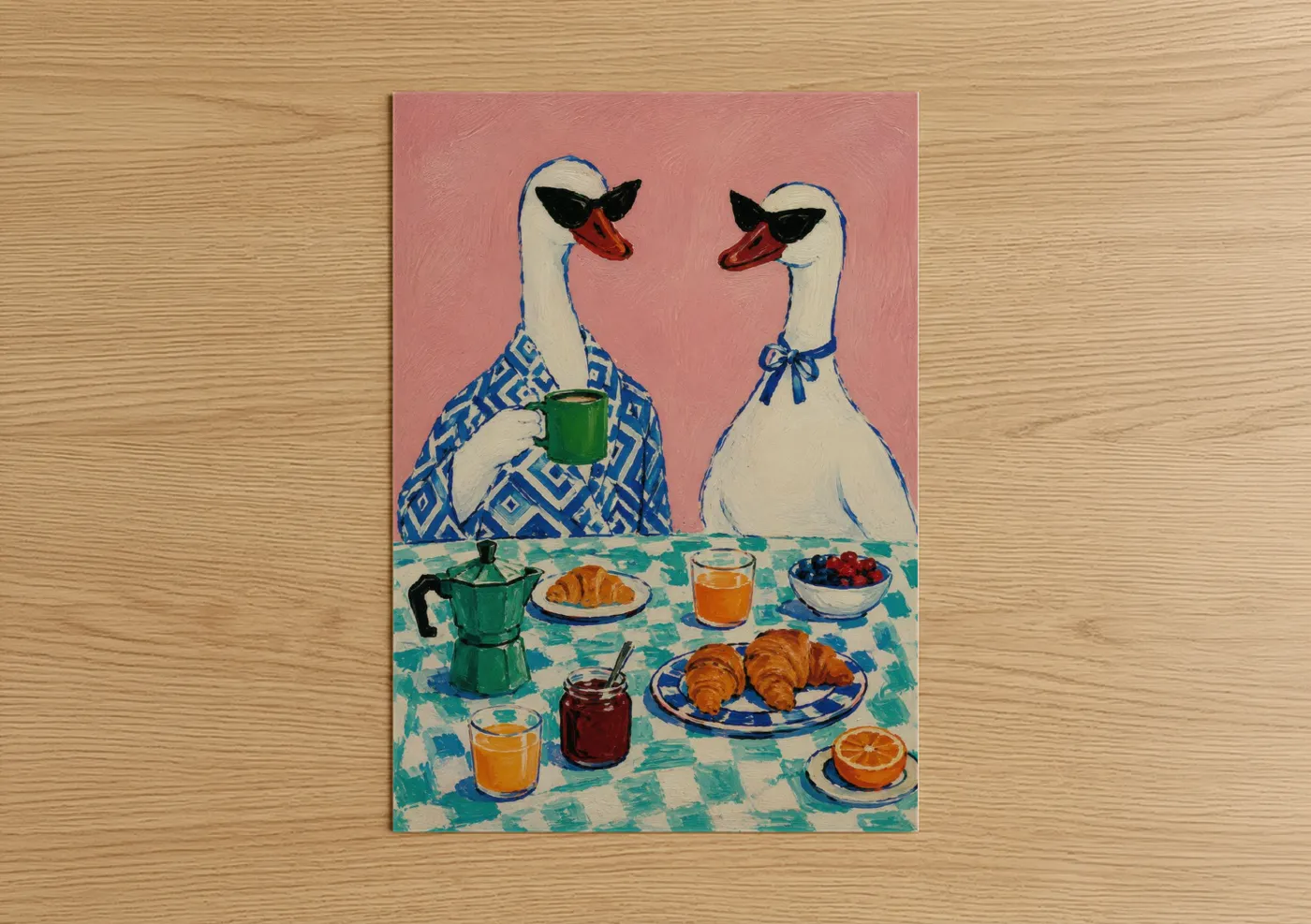 Art print on warm oak wood — blue and pink palette — Geese Breakfast Scene Wall Art poster
