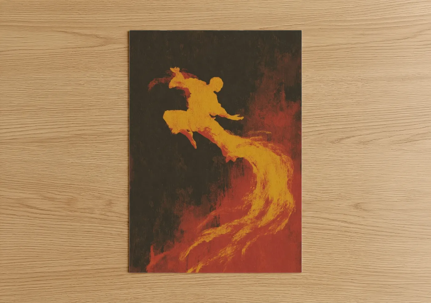 Art print on warm oak wood — gold and red palette — Fiery Taekwondo Warrior poster