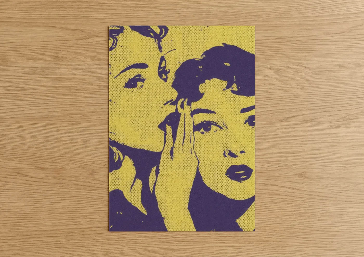 Art print on warm oak wood — yellow and purple palette — Gemini Duality poster