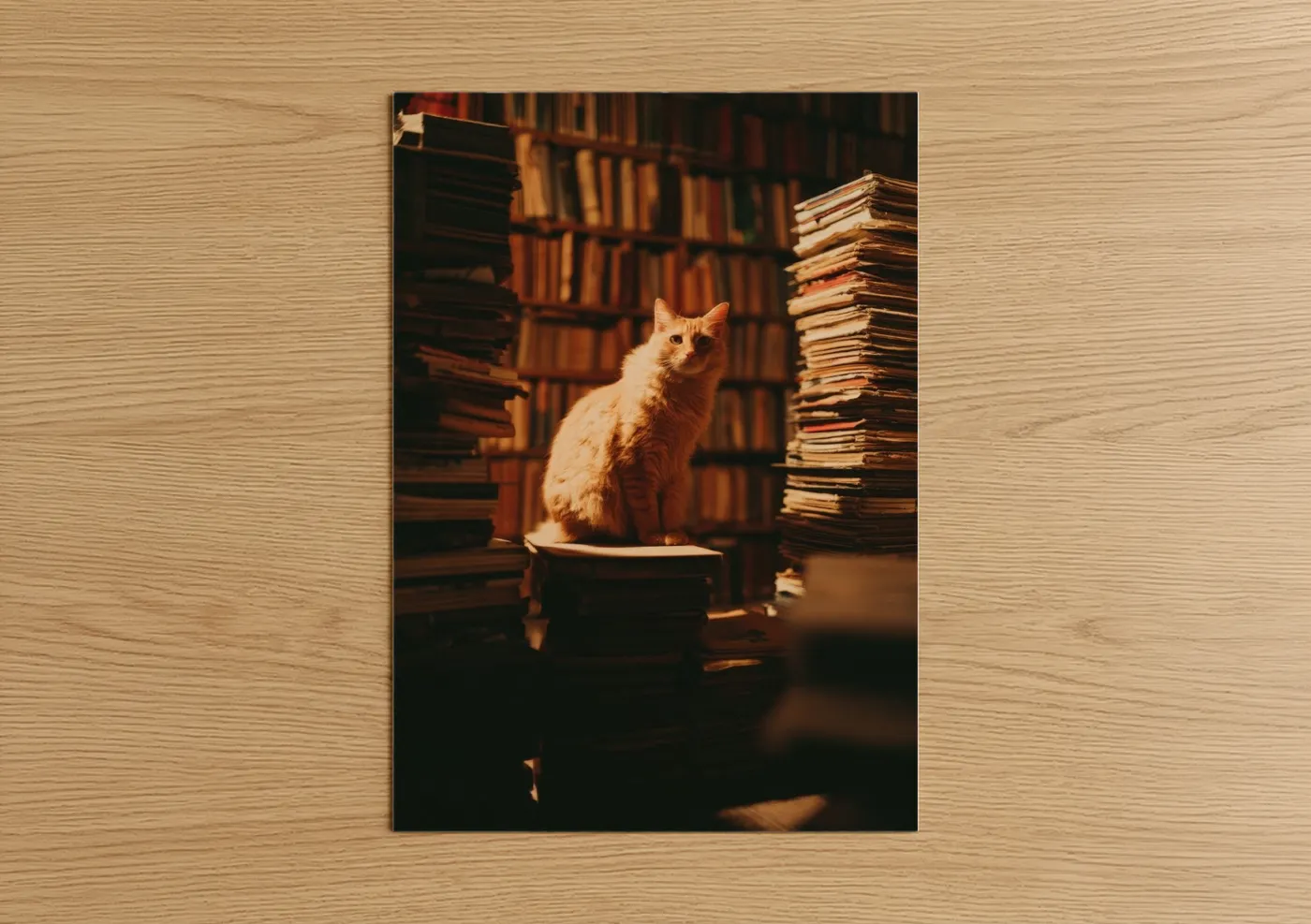 Literary Cat in Library Warm Lighting Wall Art