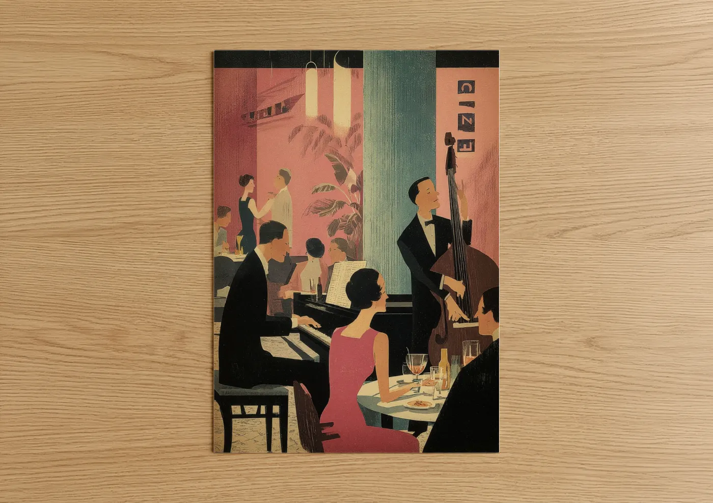 Vintage japanese ads art print on warm oak wood — salmon pink and sage green palette — Vintage Jazz Evening poster