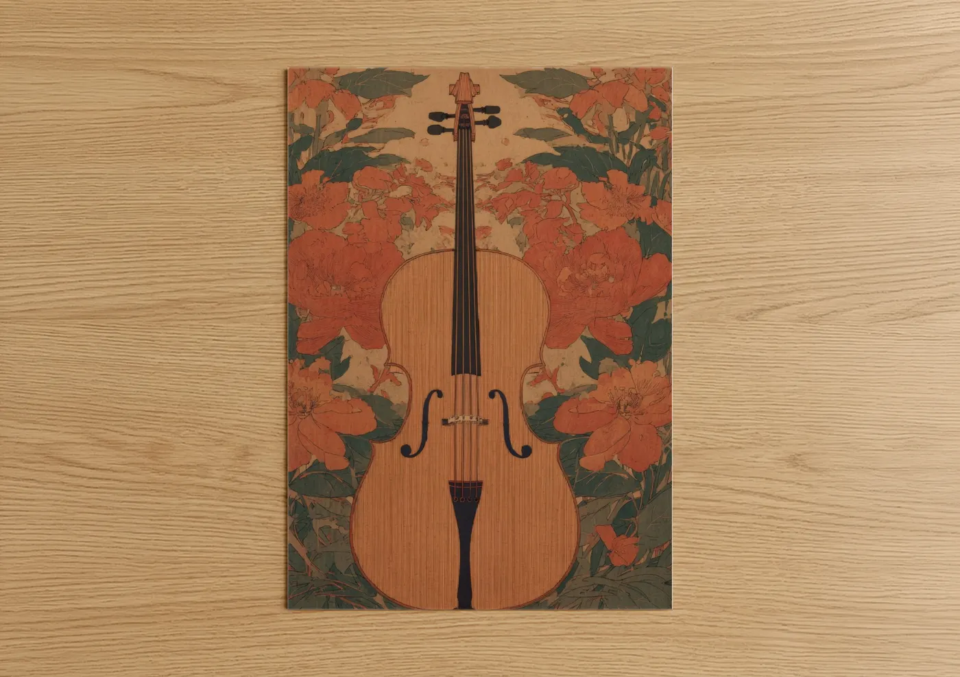 Art print on warm oak wood — russet and dark green palette — Crimson Cello poster