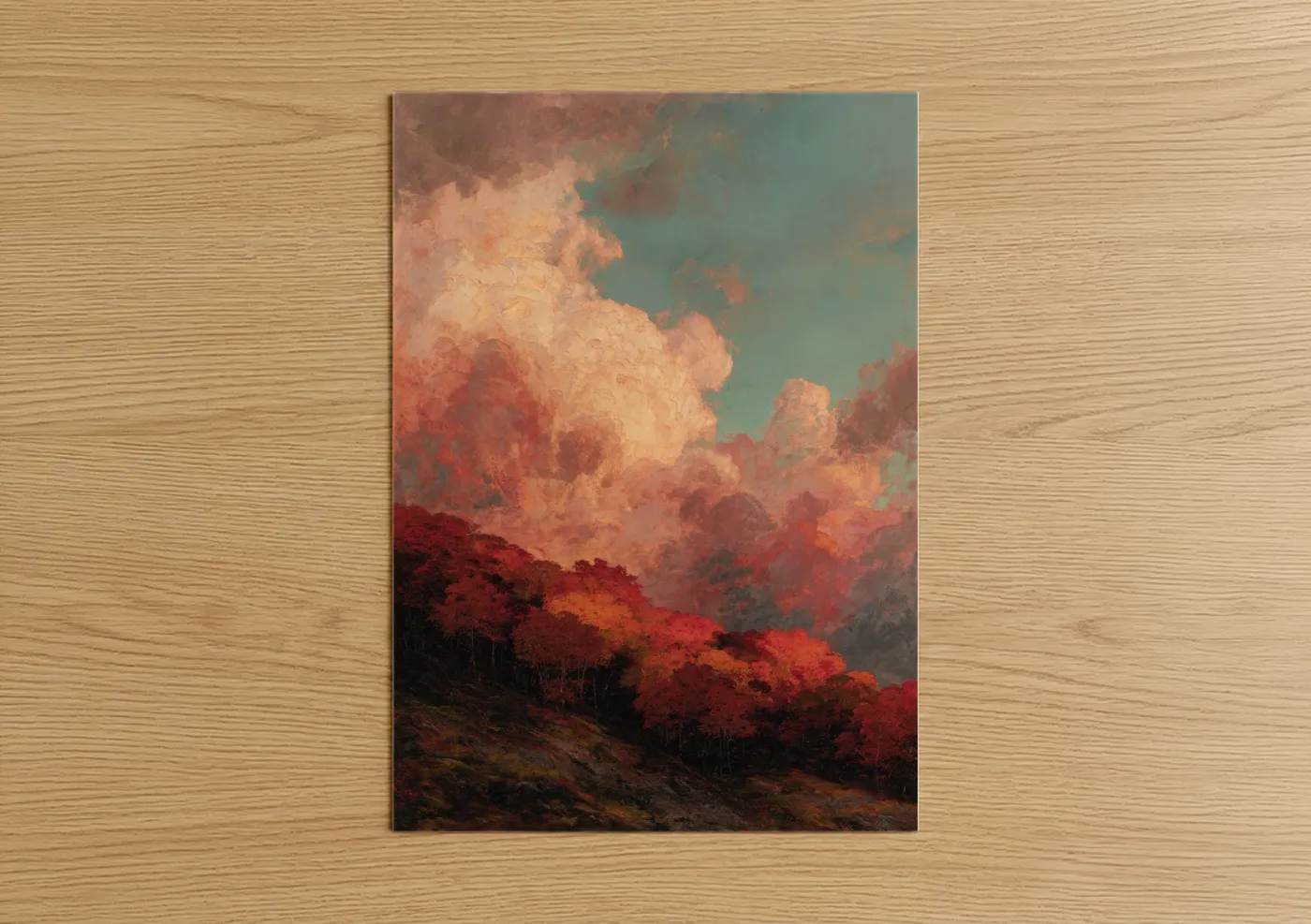 Maple forest art print on warm oak wood — red and teal palette — Crimson Maple Sunset poster