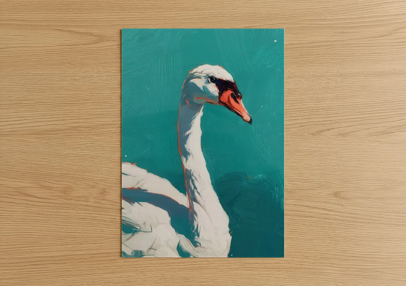 Art print on warm oak wood — turquoise and white palette — Graceful Swan Portrait poster