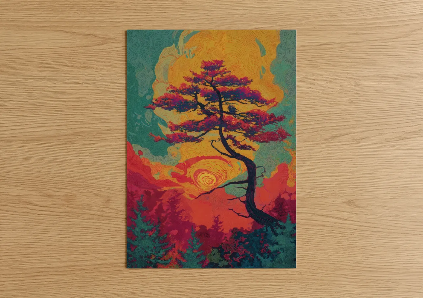 Crimson Cedar Tree Sunset Illustration Wall Art